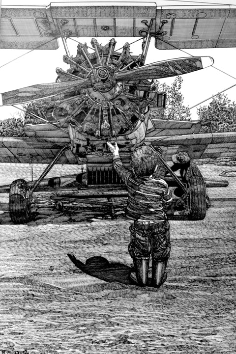 Boy and AgCat DeSpain Pen and Ink Drawing